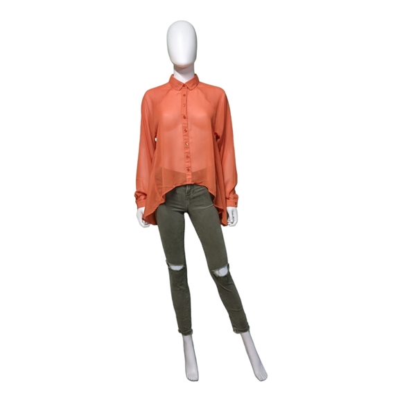 Paper Tee Orange Boho Sheer Long Sleeve Top, S - Picture 1 of 8